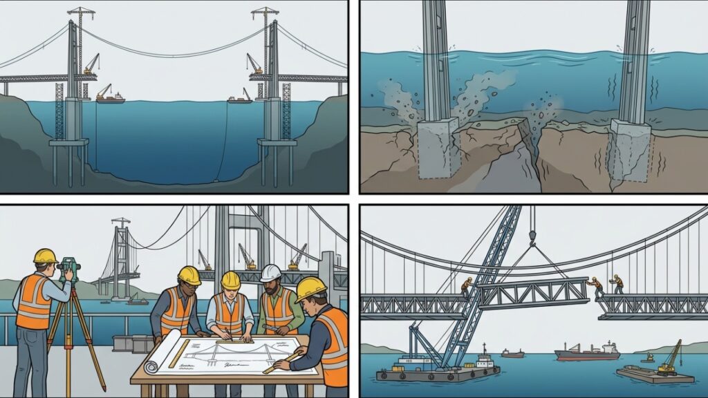 Engineers_repairing_earthquake_d%E2%80%A6_20261006203206-1024x576 Um terremoto atingiu a Ponte Akashi Kaikyō enquanto ela ainda era construída, moveu suas fundações e obrigou engenheiros a aumentar o vão central em quase 1 metro