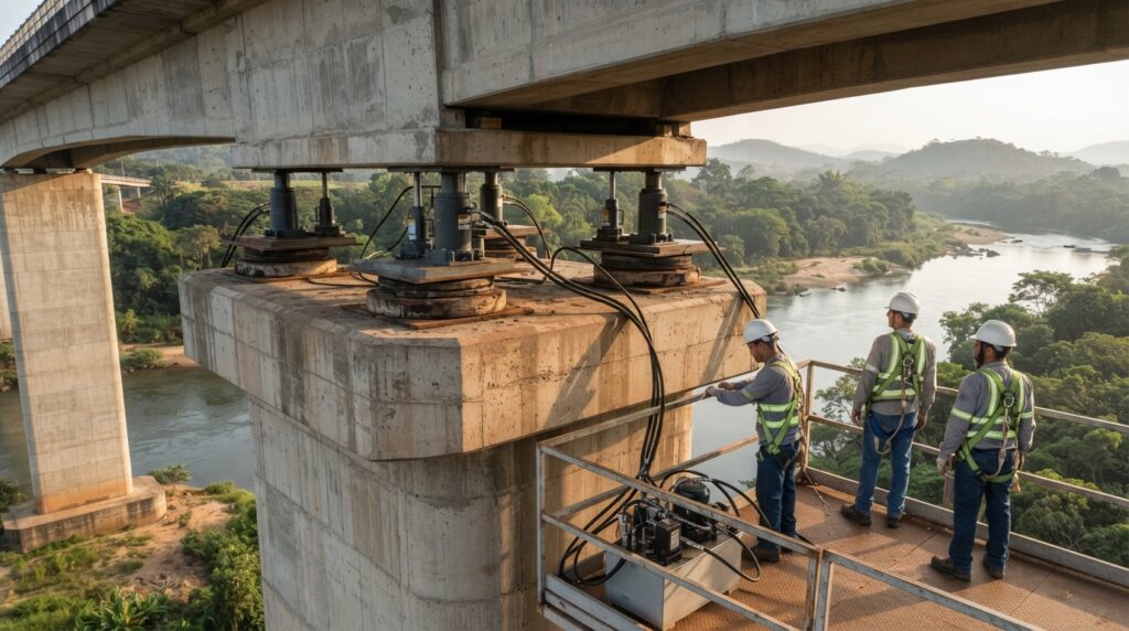 Representação de engenheiros utilizando macacos hidráulicos sob uma ponte de concreto para substituir aparelhos de apoio sobre o Rio Doce.