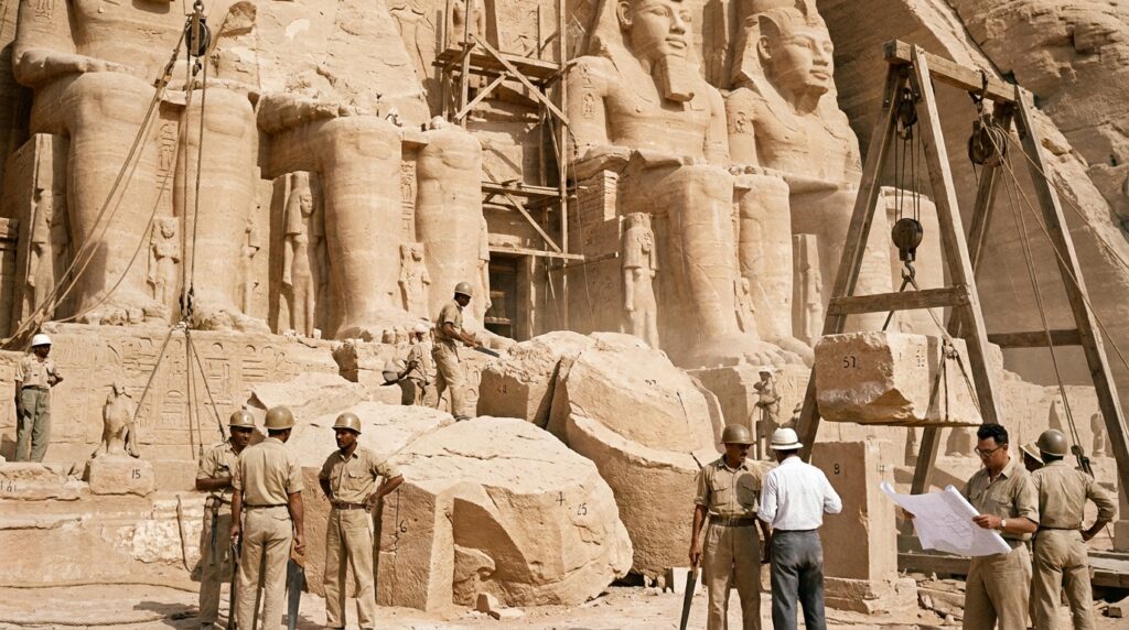 Trabalhadores e engenheiros documentam e separam blocos de arenito durante a transferência dos templos de Abu Simbel.