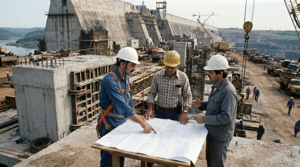 Concreto fresco, armaduras de aço e equipamentos de obra em uma operação de concretagem com controle de temperatura.