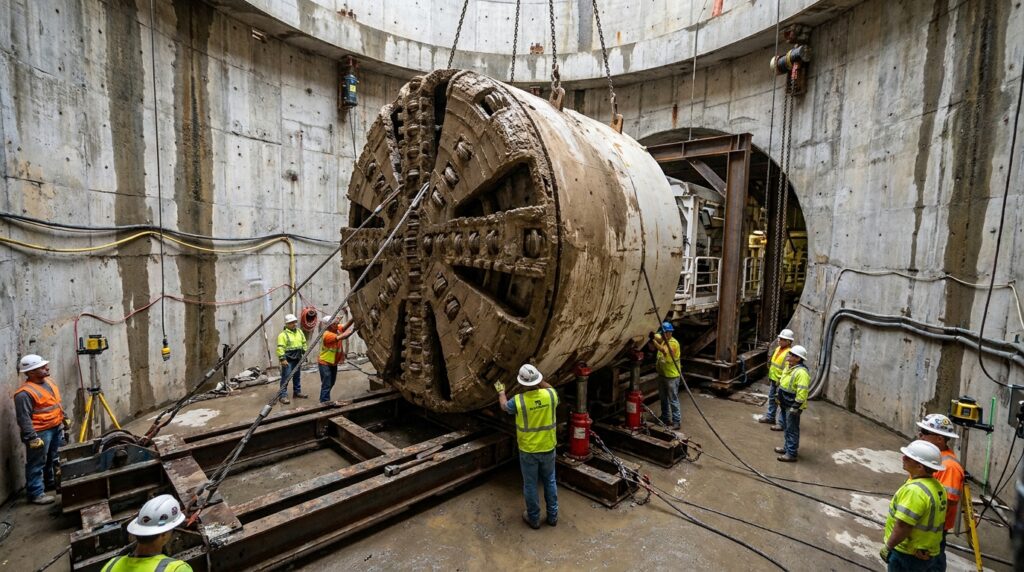 Cabeçote da TBM Mary é girado dentro do poço subterrâneo.