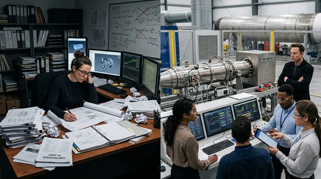 Comparação mostra planejamento excessivo de um lado e teste controlado de protótipo do outro.