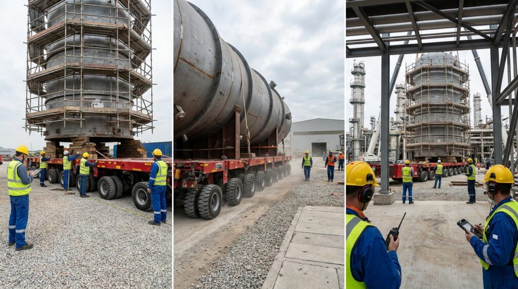 Cilindros hidráulicos, pneus reforçados e estrutura metálica de uma plataforma modular de transporte pesado.