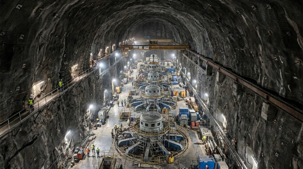 Grande caverna escavada na rocha abriga turbinas e equipamentos da usina subterrânea.