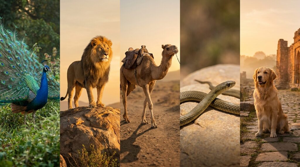 Pavão, leão, camelo, serpente e cachorro aparecem em uma paisagem simbólica representando diferentes fases da vida humana.