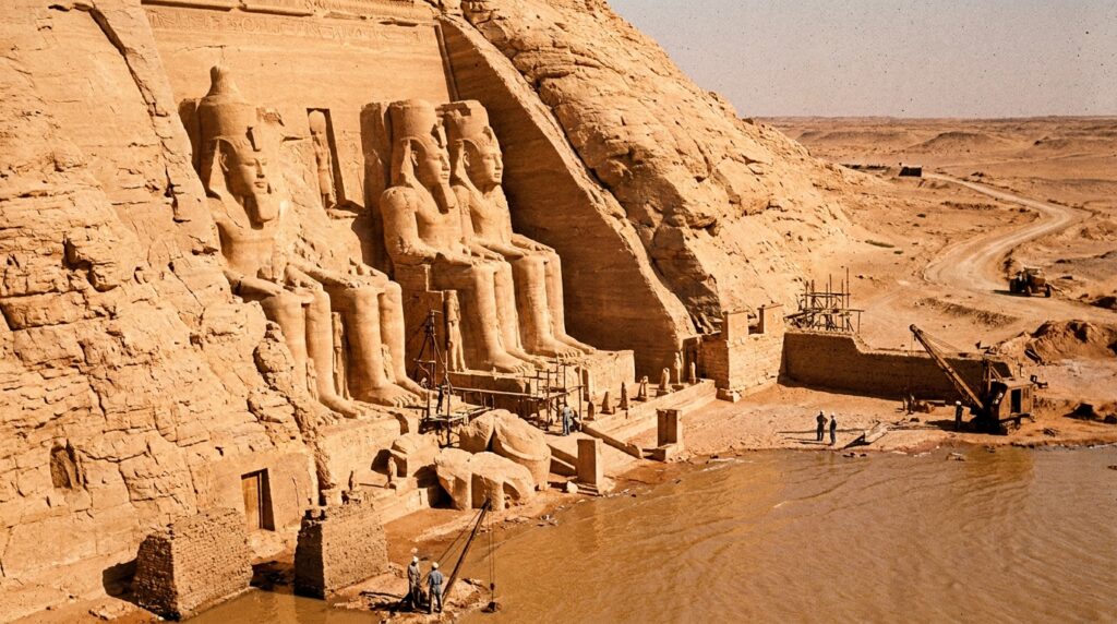 Fachada monumental do Grande Templo de Abu Simbel, escavado no arenito do sul do Egito, próximo ao reservatório de Nasser.