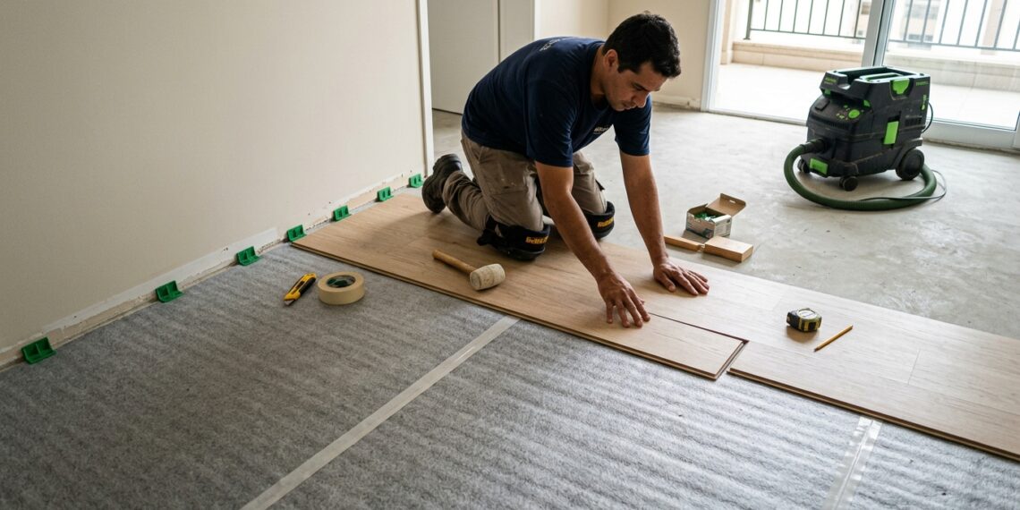 Instalador posiciona manta acústica sobre contrapiso nivelado antes de colocar o piso.