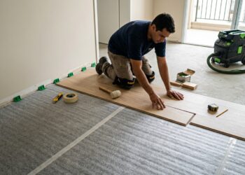 Instalador posiciona manta acústica sobre contrapiso nivelado antes de colocar o piso.