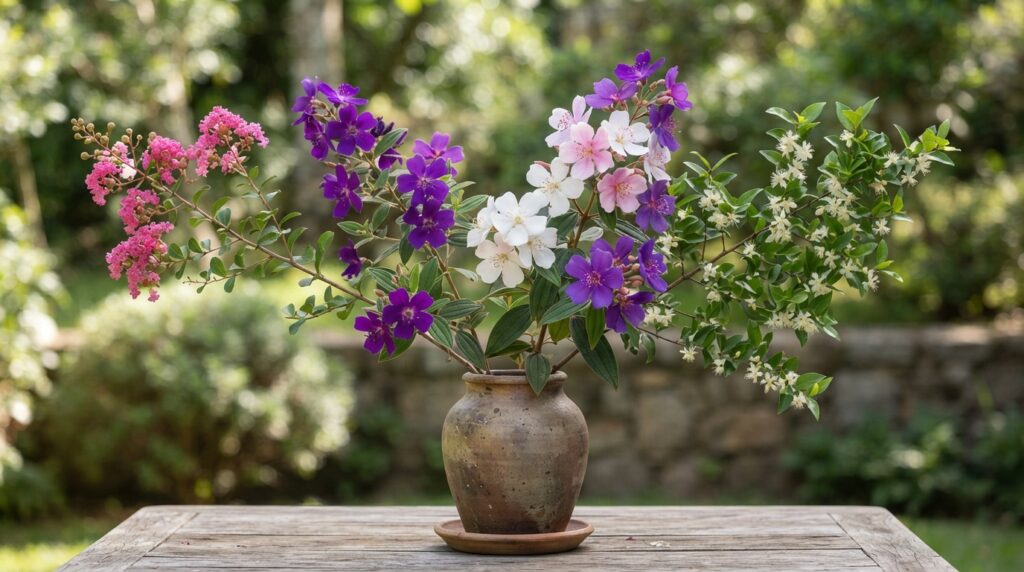 Detalhes das flores e folhas do resedá, da quaresmeira, do manacá-da-serra e da pitangueira.