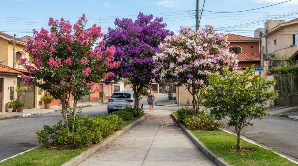 Rua residencial com árvores floridas de diferentes espécies plantadas em canteiros nas calçadas.