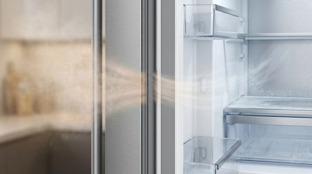 Corte mostra ar úmido entrando por uma falha na vedação e formando gelo dentro do freezer.