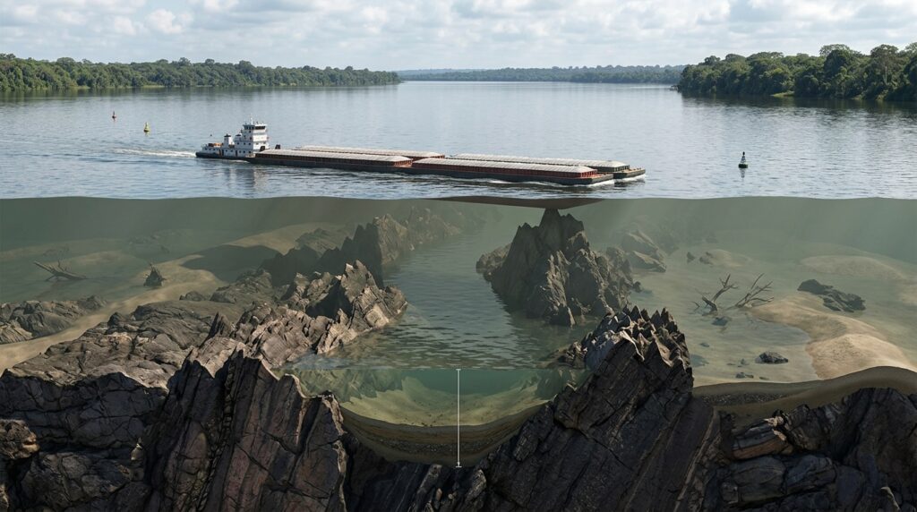 Corte mostra rochas submersas reduzindo a profundidade disponível para grandes comboios no Rio Tocantins.