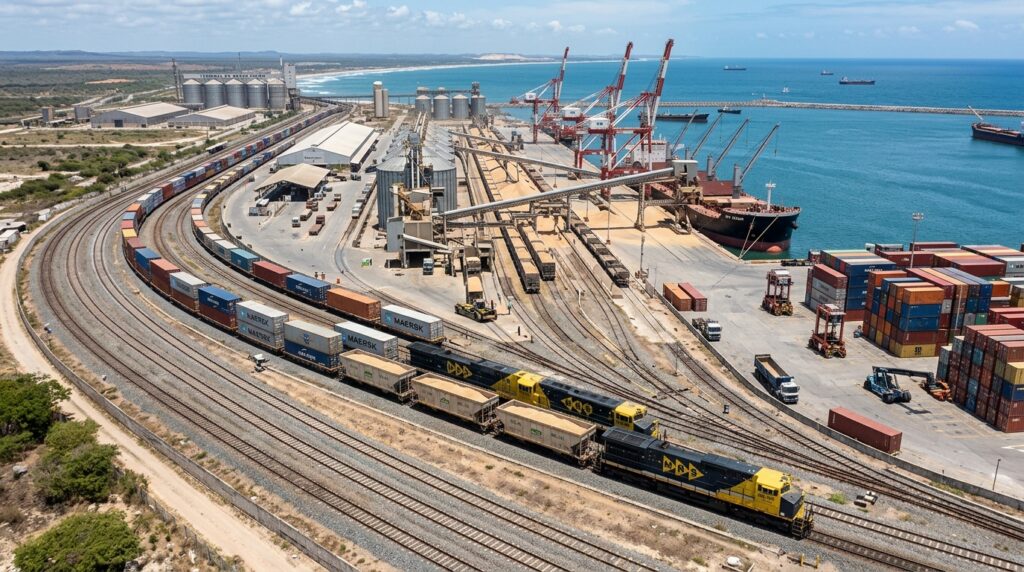 Trem de carga chega a terminal portuário no Ceará com mercadorias vindas do interior.