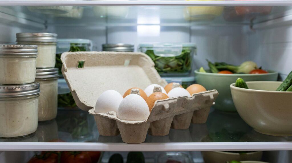 Ovos dentro da embalagem original armazenados em uma prateleira interna da geladeira.