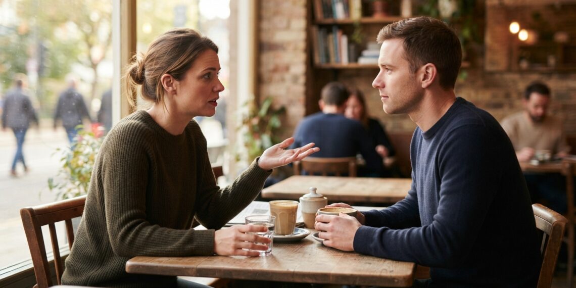 Duas pessoas conversam em um café, enquanto uma delas demonstra preocupação em manter a harmonia da relação.