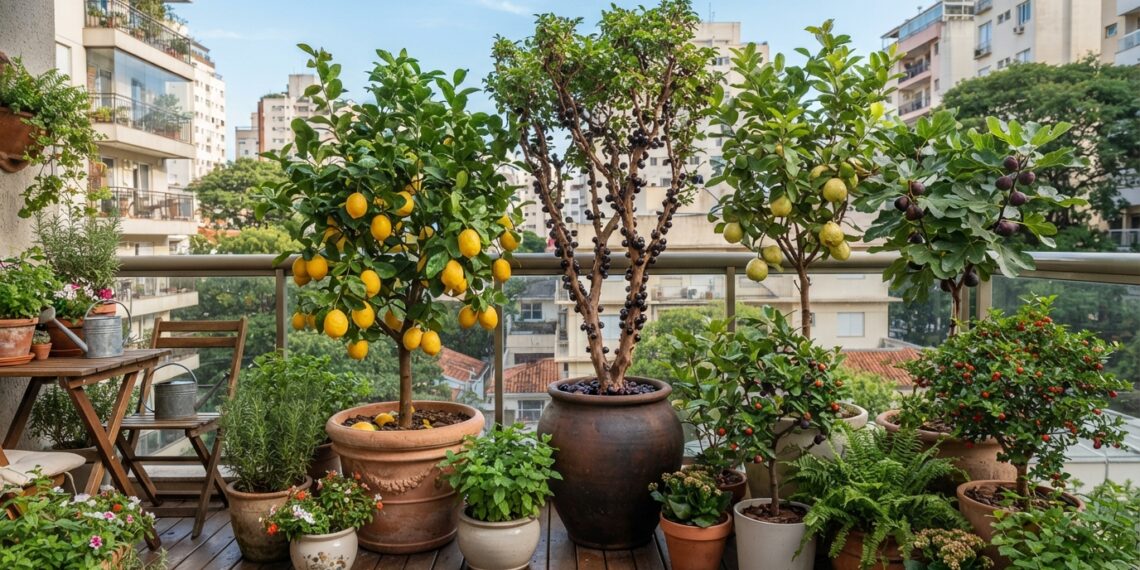 Árvores frutíferas cultivadas em vasos em uma varanda ensolarada, com limões, jabuticabas, goiabas e outras frutas.