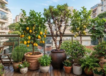 Árvores frutíferas cultivadas em vasos em uma varanda ensolarada, com limões, jabuticabas, goiabas e outras frutas.