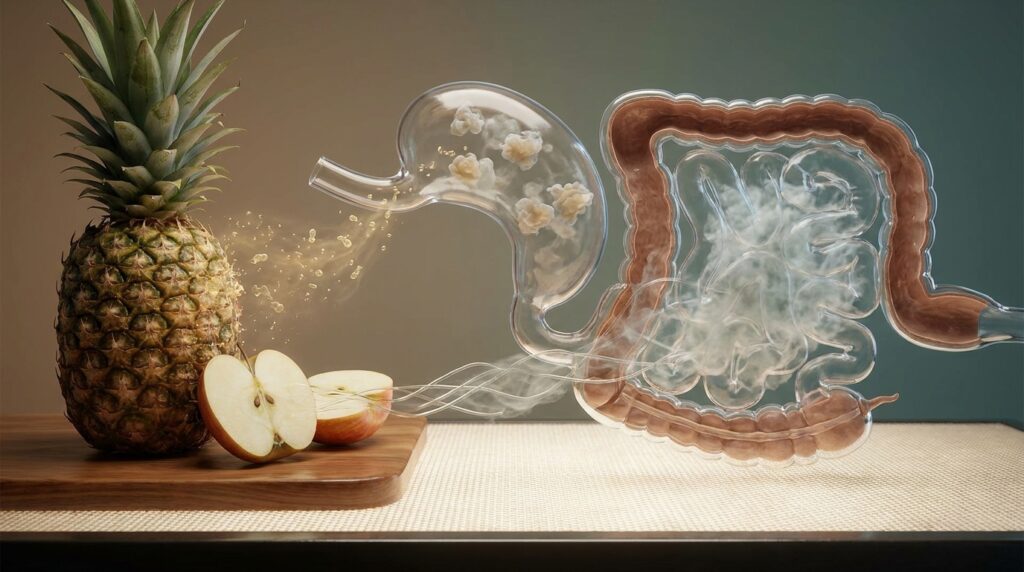 Visualização mostra compostos do abacaxi e da maçã atuando de formas diferentes no sistema digestivo.