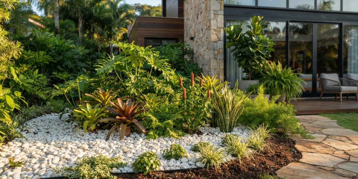Canteiro ornamental com pedras brancas e plantas verdes na fachada de uma residência.