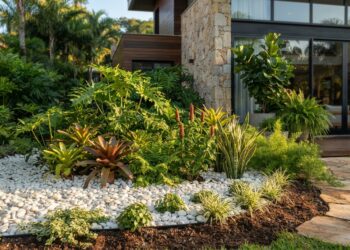 Canteiro ornamental com pedras brancas e plantas verdes na fachada de uma residência.