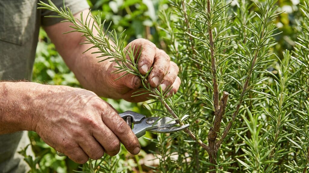 Jardineiro corta um ramo saudável de alecrim com uma tesoura de poda limpa.