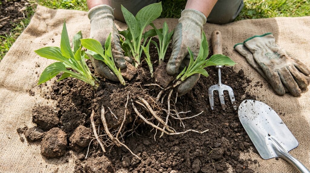 Jardineiro retirando hastes secas de uma planta perene com tesoura de poda limpa e afiada.