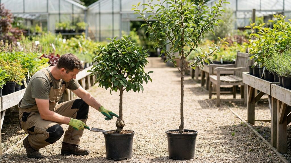 Jardineiro compara duas ameixeiras enxertadas com portes diferentes.