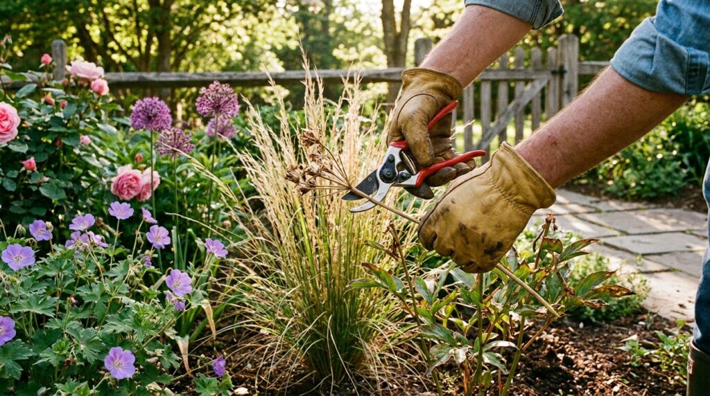 Touceira de planta perene sendo separada cuidadosamente em partes com raízes e brotos saudáveis.