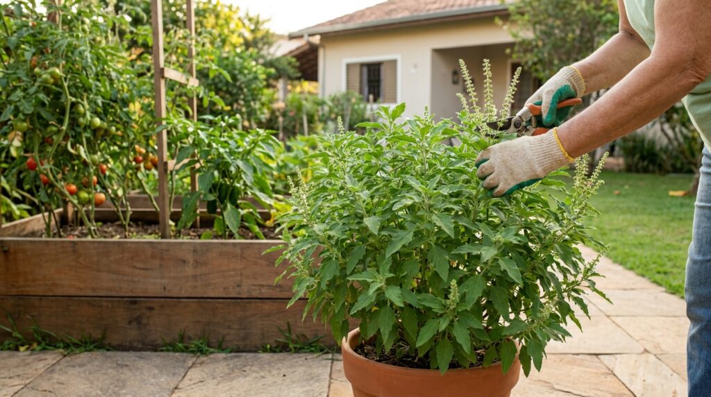 Jardineiro poda flores do mentruz cultivado em vaso para evitar que a planta se espalhe.