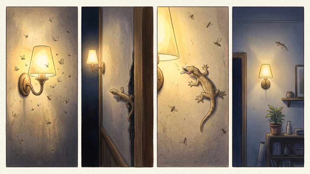Gecko_hunting_insect_in_sequence_20261013003046-1024x576 Especialistas explicam que a presença constante de lagartixas dentro de casa é um sinal do que está acontecendo no ambiente