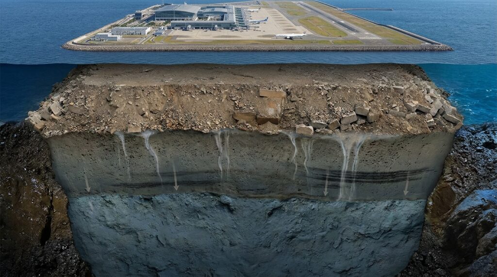 Ilustração de drenos verticais de areia instalados em camadas de argila marinha para facilitar a saída da água dos poros do solo.