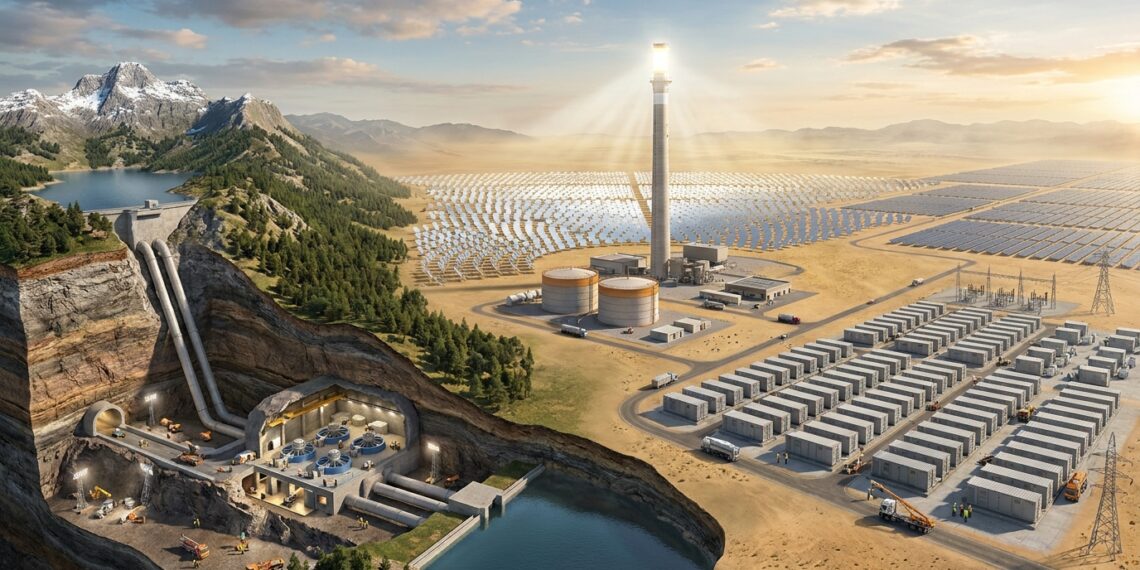 Montagem mostra usina subterrânea, torre solar e grande sistema de baterias usados para armazenar energia em diferentes países.