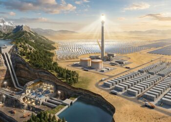 Montagem mostra usina subterrânea, torre solar e grande sistema de baterias usados para armazenar energia em diferentes países.