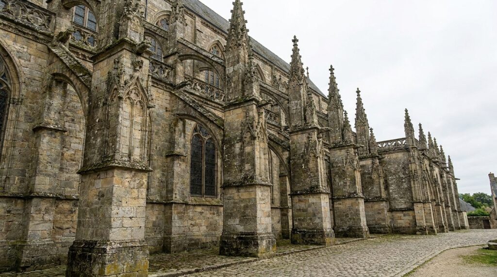 Arcobotantes de pedra conectam a parte superior de uma catedral gótica a contrafortes externos.