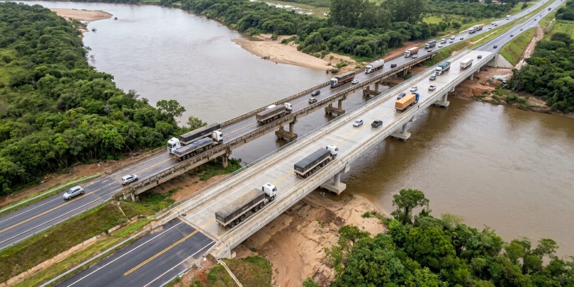 Duas pontes paralelas atravessam o Rio Camaquã e separam os sentidos da BR-116 no Rio Grande do Sul.