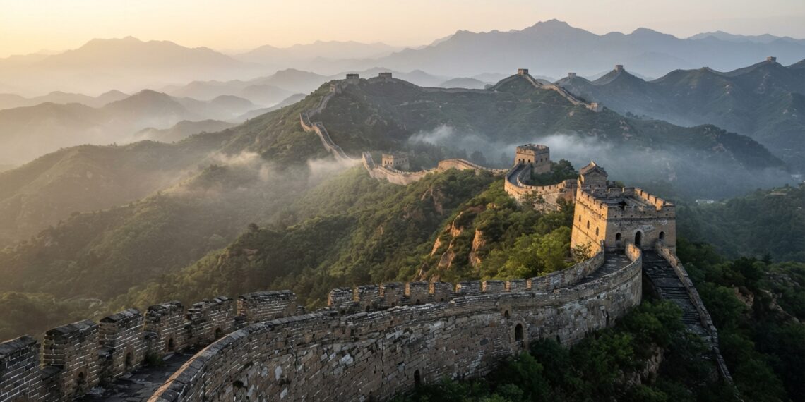 Grande Muralha da China atravessa montanhas íngremes com torres de vigia históricas.