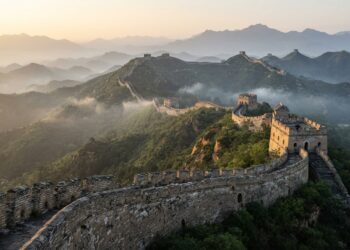 Grande Muralha da China atravessa montanhas íngremes com torres de vigia históricas.