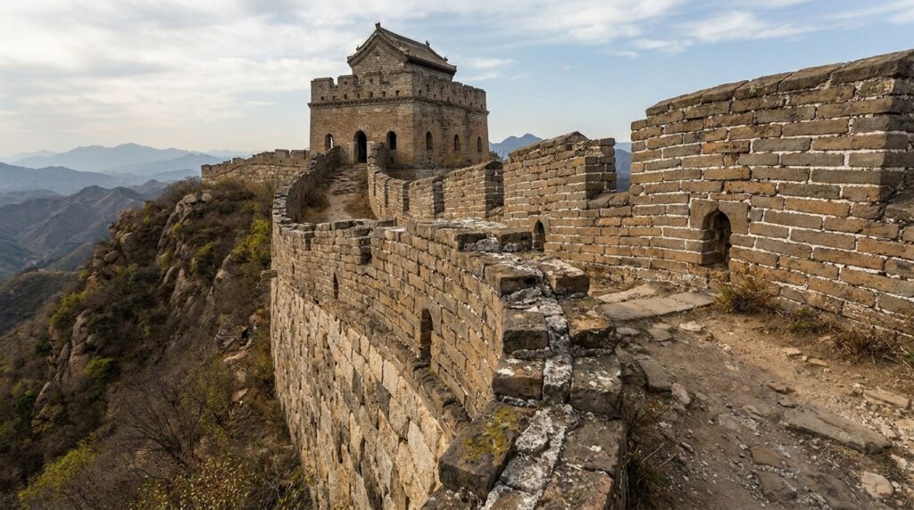 Trecho da Grande Muralha da China construído com tijolos e pedras, característico de partes da época Ming.