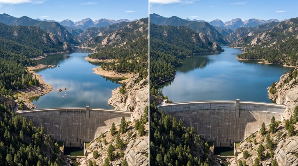 Comparação mostra a barragem antes e depois do alteamento, com reservatório ampliado.