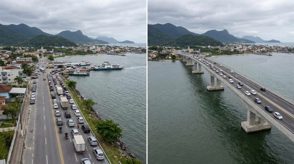 Comparação mostra veículos esperando pela balsa e depois atravessando a baía diretamente pela ponte.