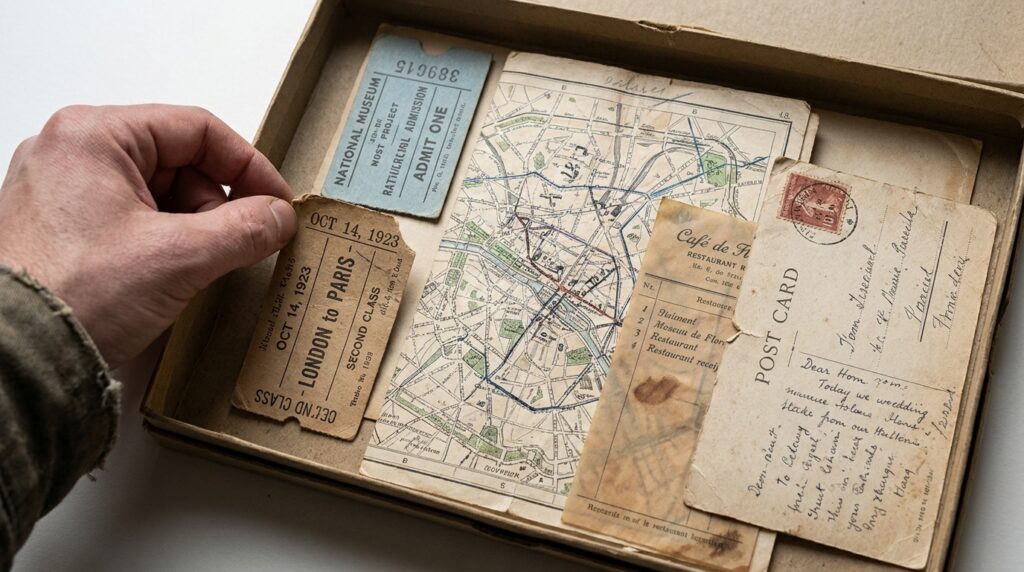 Bilhete ferroviário usado, ingresso de museu, mapa dobrado e recibo antigo organizados em uma caixa de recordações