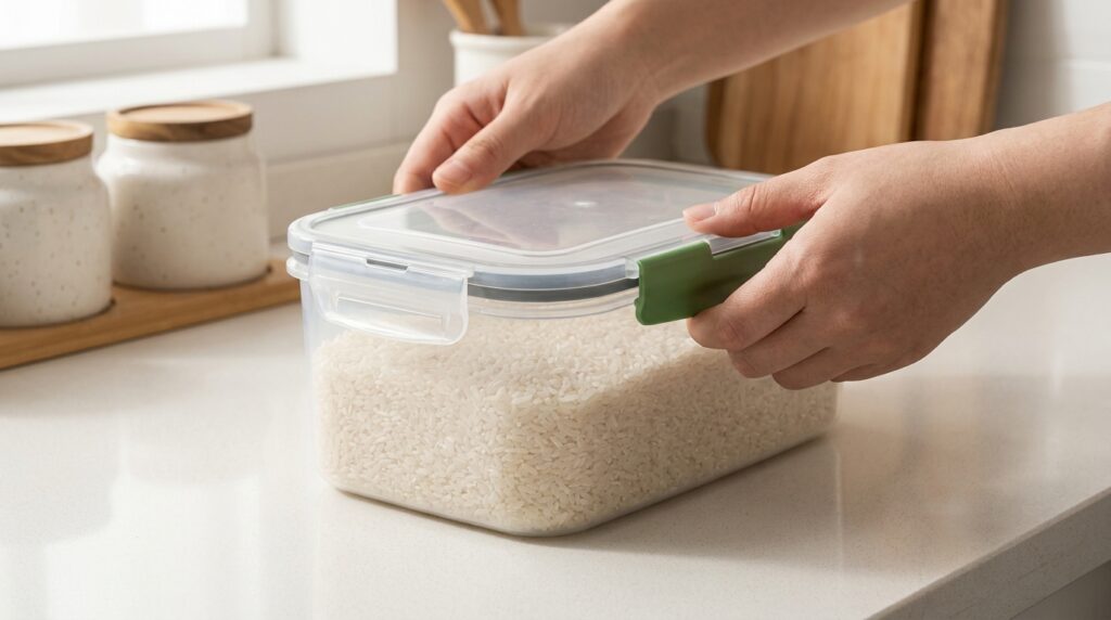 Recipiente transparente para alimentos com tampa de trava e anel de vedação de silicone.