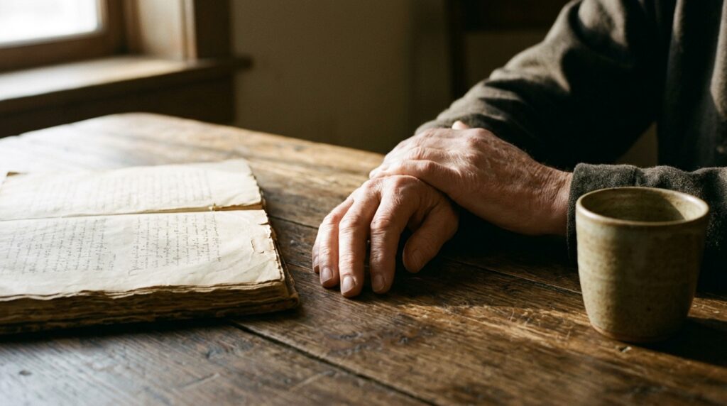 Mãos repousam sobre uma mesa ao lado de um livro durante um momento de reflexão.