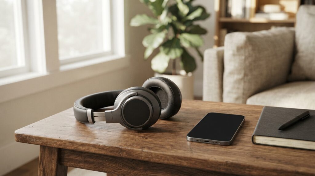 Fones de ouvido sobre uma mesa de madeira em um ambiente preparado para ouvir música tranquilamente.