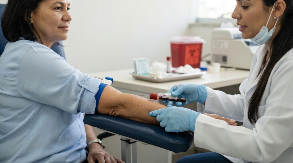 Profissional de saúde realiza coleta de sangue venoso no braço de uma mulher madura em laboratório clínico.