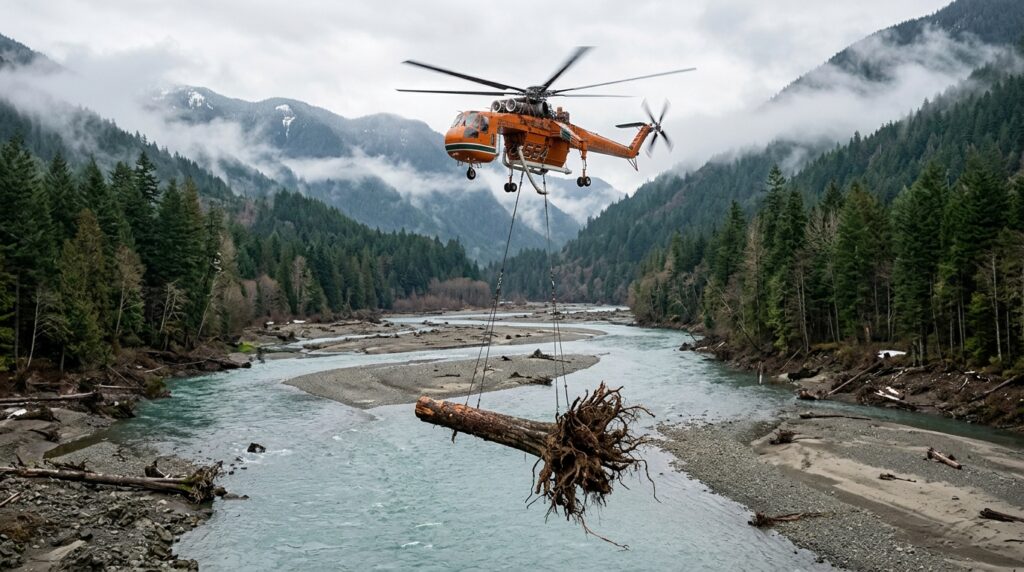 Helicópteros permitem transportar grandes troncos até trechos remotos de rios para projetos de restauração ambiental — Créditos: Imagem gerada por IA