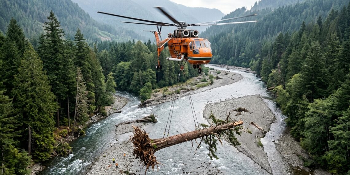 Helicóptero de carga transportando um grande tronco sobre um rio cercado por florestas durante uma operação de restauração ambiental.