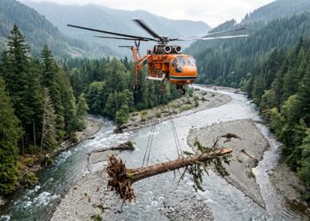 Helicóptero de carga transportando um grande tronco sobre um rio cercado por florestas durante uma operação de restauração ambiental.