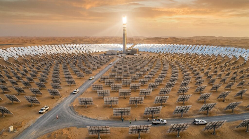 Milhares de heliostatos refletem a luz solar em direção ao receptor no topo da torre.