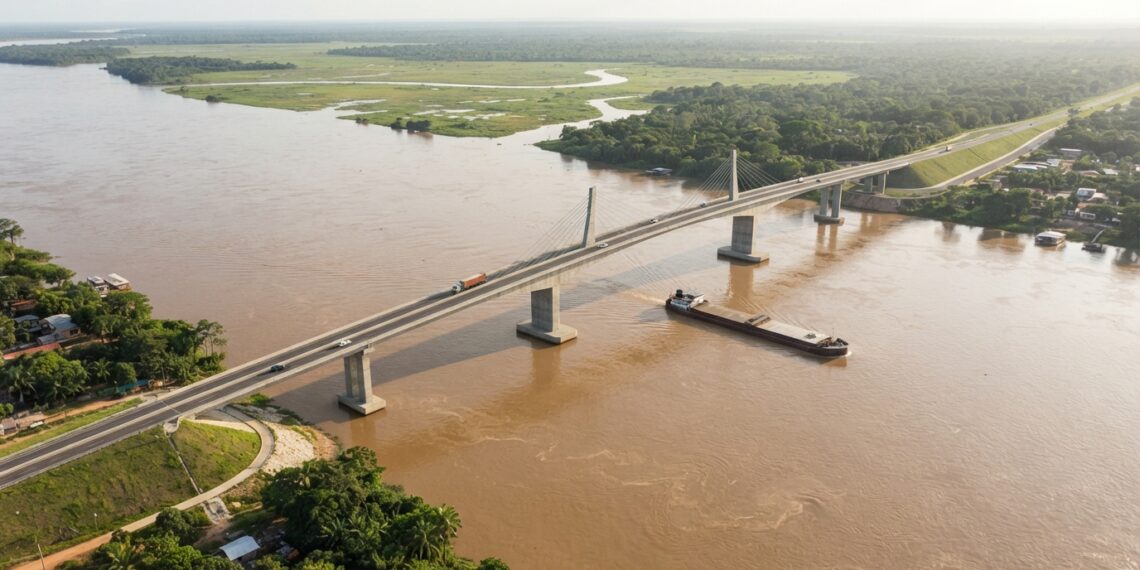 Ilustração conceitual de uma ponte rodoviária de 1.220 metros atravessando o Rio Mamoré entre Brasil e Bolívia, com vegetação amazônica nas margens.